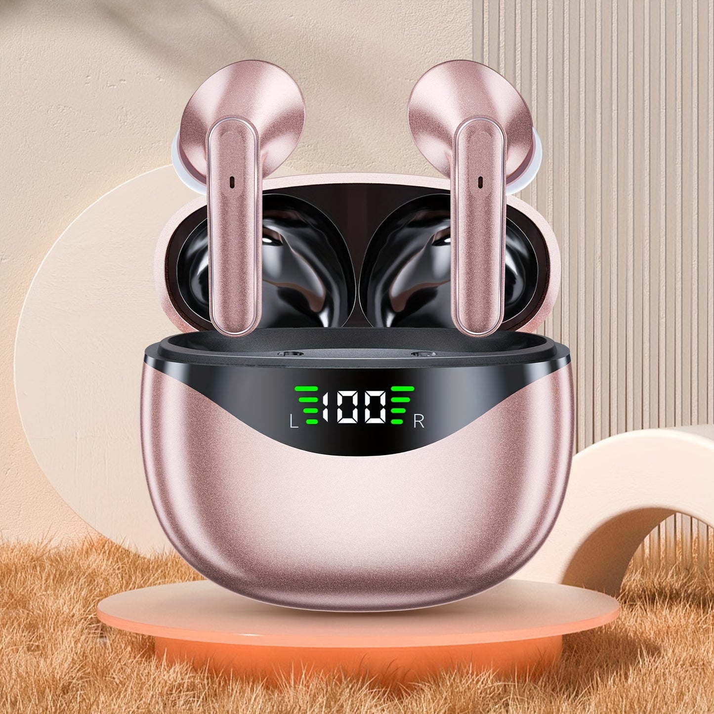 Wireless Earbuds with HD Mic, HiFi Stereo Sound, Deep Bass, Touch Volume Control, Noise Cancelling Voice Call, Type-C Charging, 300mAh Battery, LED Display, for Sports Running Earphones