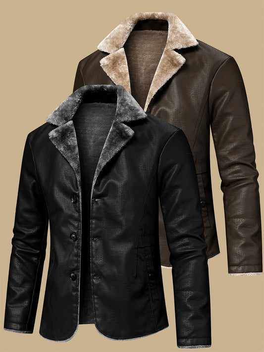 Men's warm jacket with faux fur lining, windproof for autumn/winter daily and leisure wear, made of fleece and PU leather.