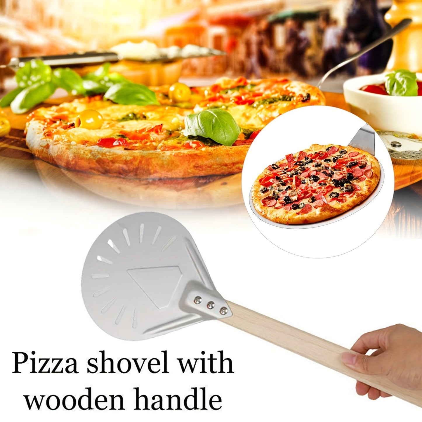 Pizza shovels with wooden handles measuring 8 and 22.86 cm, made of stainless steel