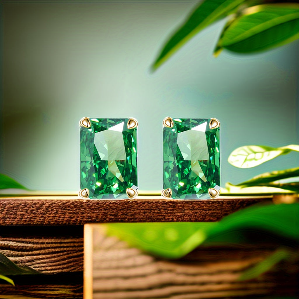 Stylish and elegant Women's Stud Earrings featuring 8 Carat Emerald Green Zirconia with Excellent Quality Sparkle Ice Cut, set in S925 Silver Plated with Platinum and Gold Mosaic. A popular and fashionable choice for women.