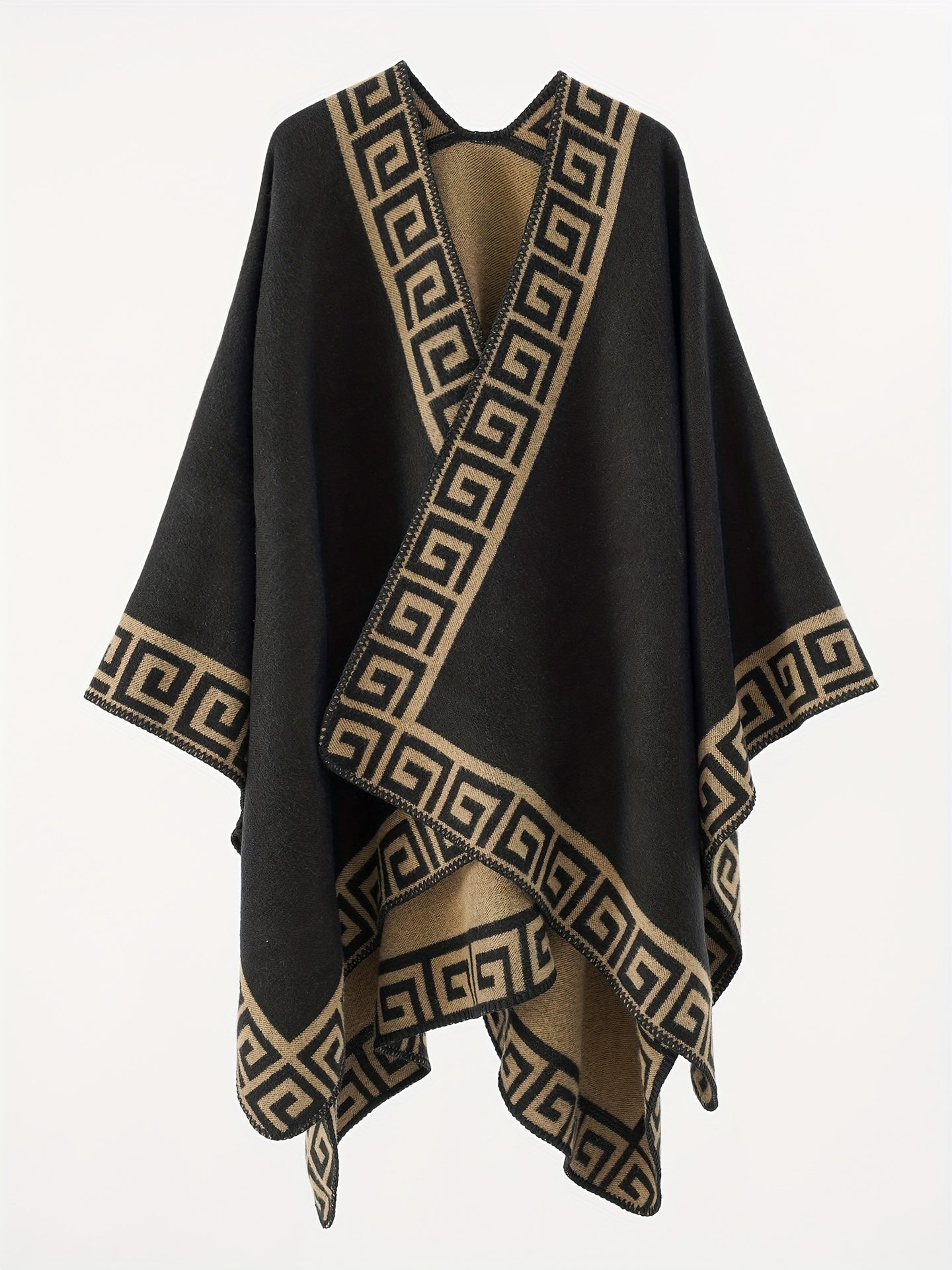 Cozy split shawl with geometric print for plus size women, ideal for fall and winter.