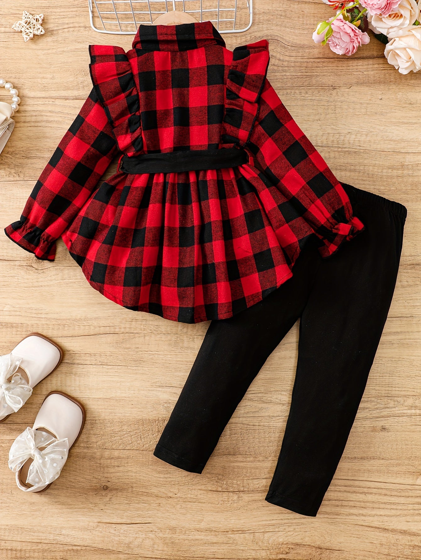 Baby's ruffled plaid blouse with belted pants set for outdoor wear in spring and fall