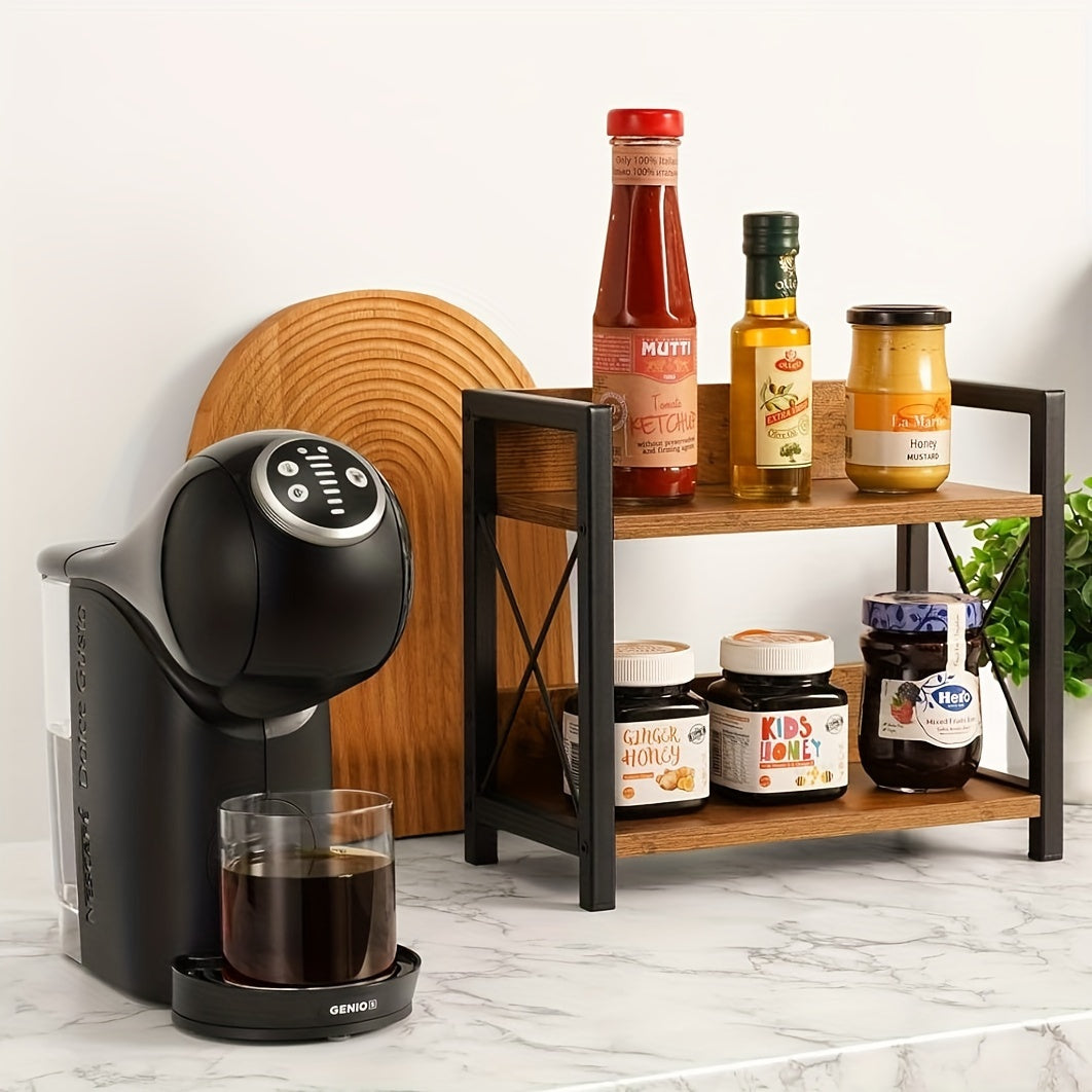 Wood and metal spice rack for kitchen with open design, Rustic Brown 2-Tier Countertop Organizer perfect for Coffee station storage shelf.