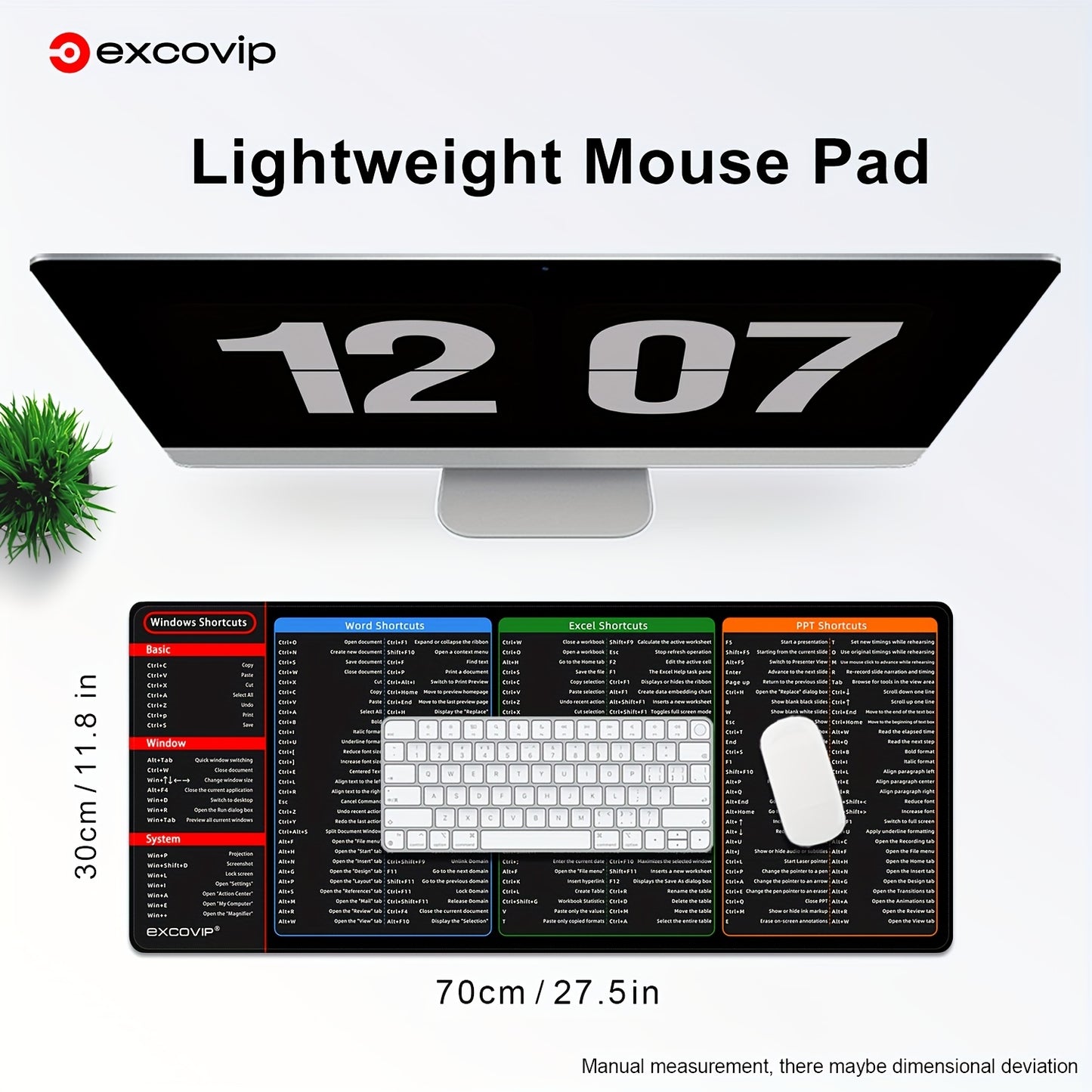 1 pc Large Desk Pad with Simple Windows Shortcuts for Office Word, Excel, and PPT, featuring non-slip keyboard and mouse pad with shortcut pattern.