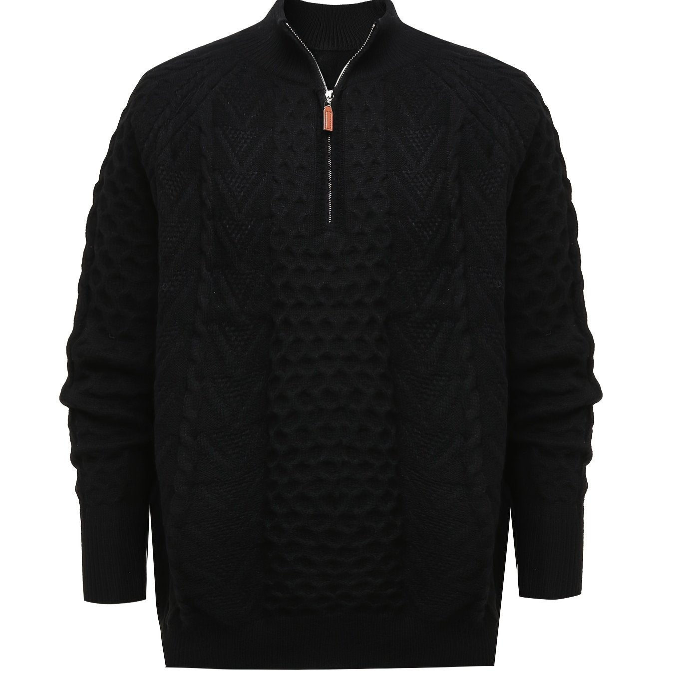 Plus size men's polyester pullover sweater with stand collar, zipper detail, and solid color, perfect for fall/winter.