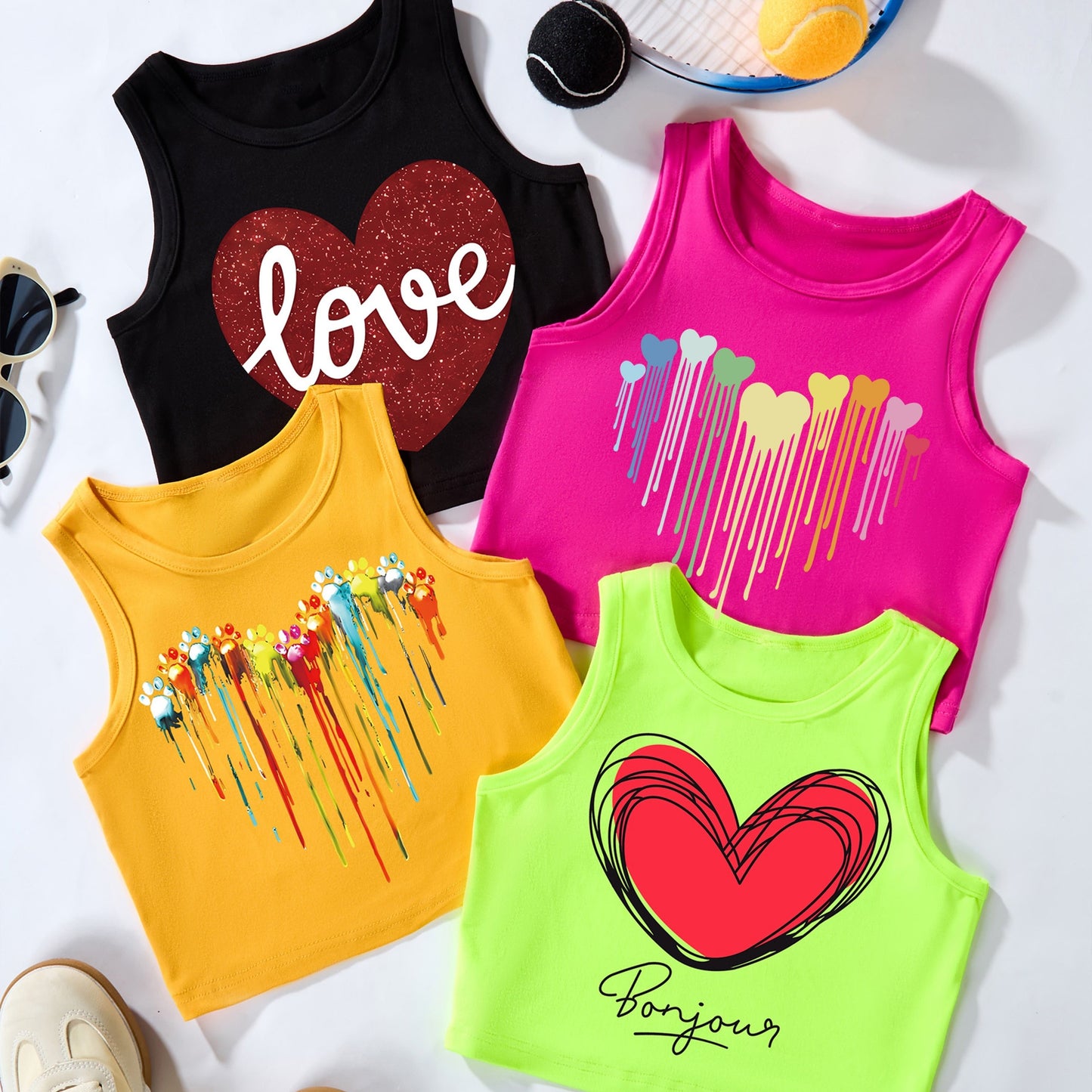 4 BlueSailor Love Heart Print Tank Tops - Vibrant Multicolor Polyester & Elastane Blend, Crew Neck, Non-Transparent - Perfect for Summer Casual Wear