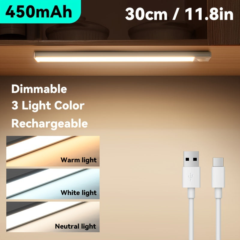 Adjustable brightness USB-rechargeable LED cabinet light with magnetic installation and built-in battery.