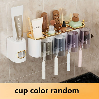 RV wall-mounted bathroom organizer set includes automatic toothpaste dispenser, toothbrush holder, multi-color cups - complete kit.