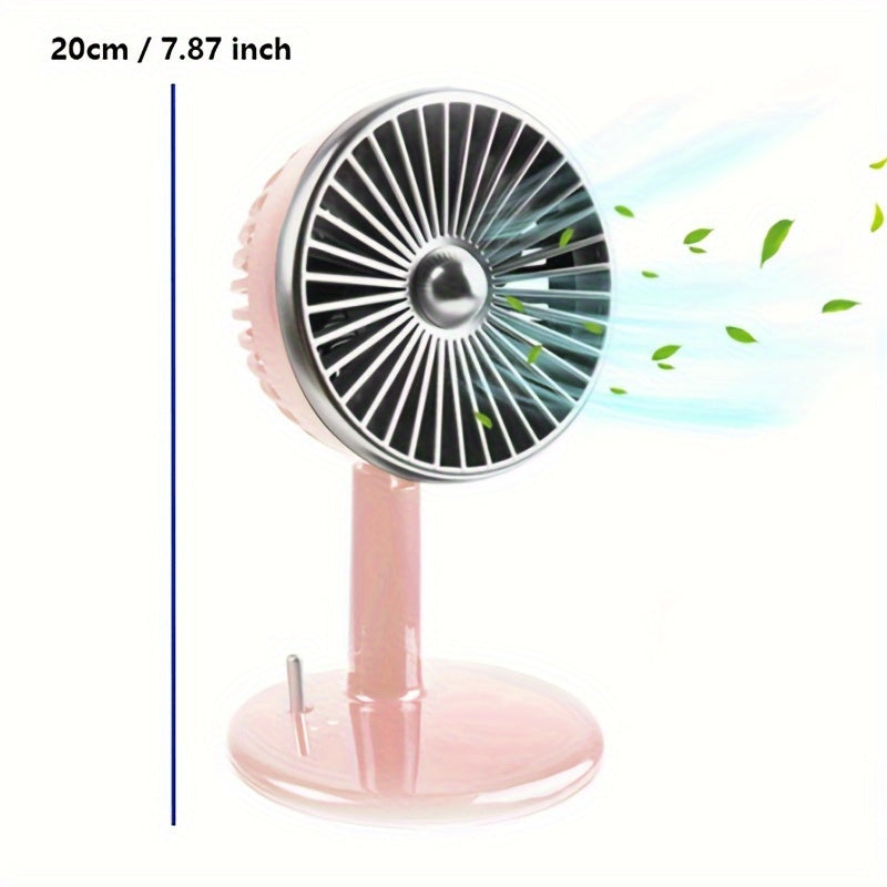 Get this essential Retro Pink USB Rechargeable Desktop Standing Fan, designed to be silent with three wind speed settings. This compact mini table fan is 90° adjustable and foldable, making it perfect for your home office.