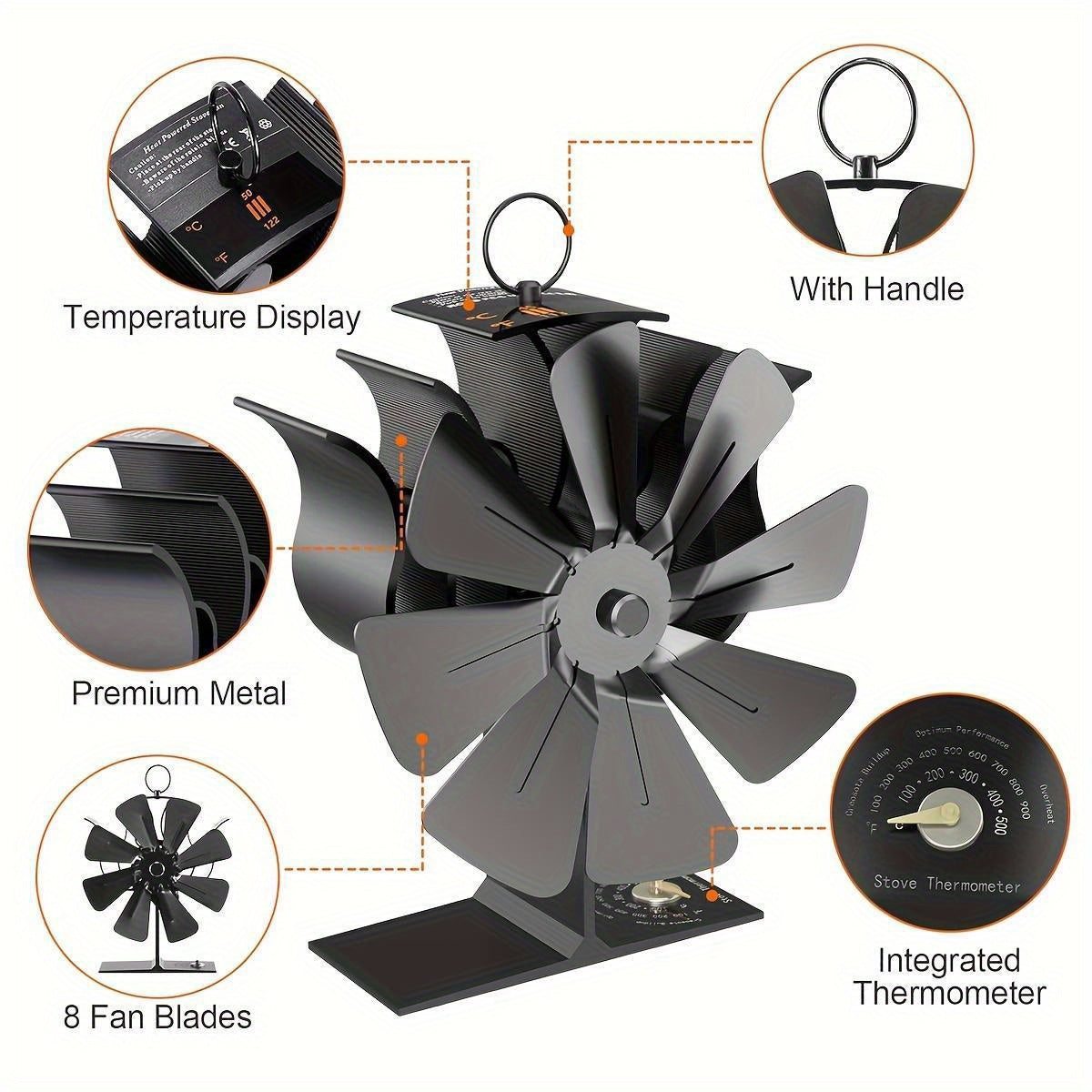 Enhance Heat Distribution with our High-Efficiency 8-Blade Fireplace Fan featuring a Built-In Thermometer. Ideal for Wood Stoves & Log Burners, this Black Fan is Perfect for Fall & Winter Home Comfort. Includes Thermometer Base.