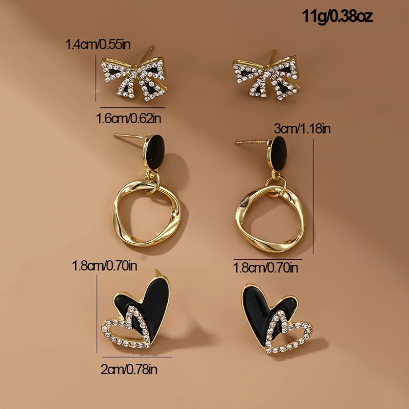 Stylish 3-piece earring set for women featuring pearls, flowers, and geometric designs. Made of fashion alloy with synthetic zirconia, inspired by Japanese and Korean fashion. Suitable for