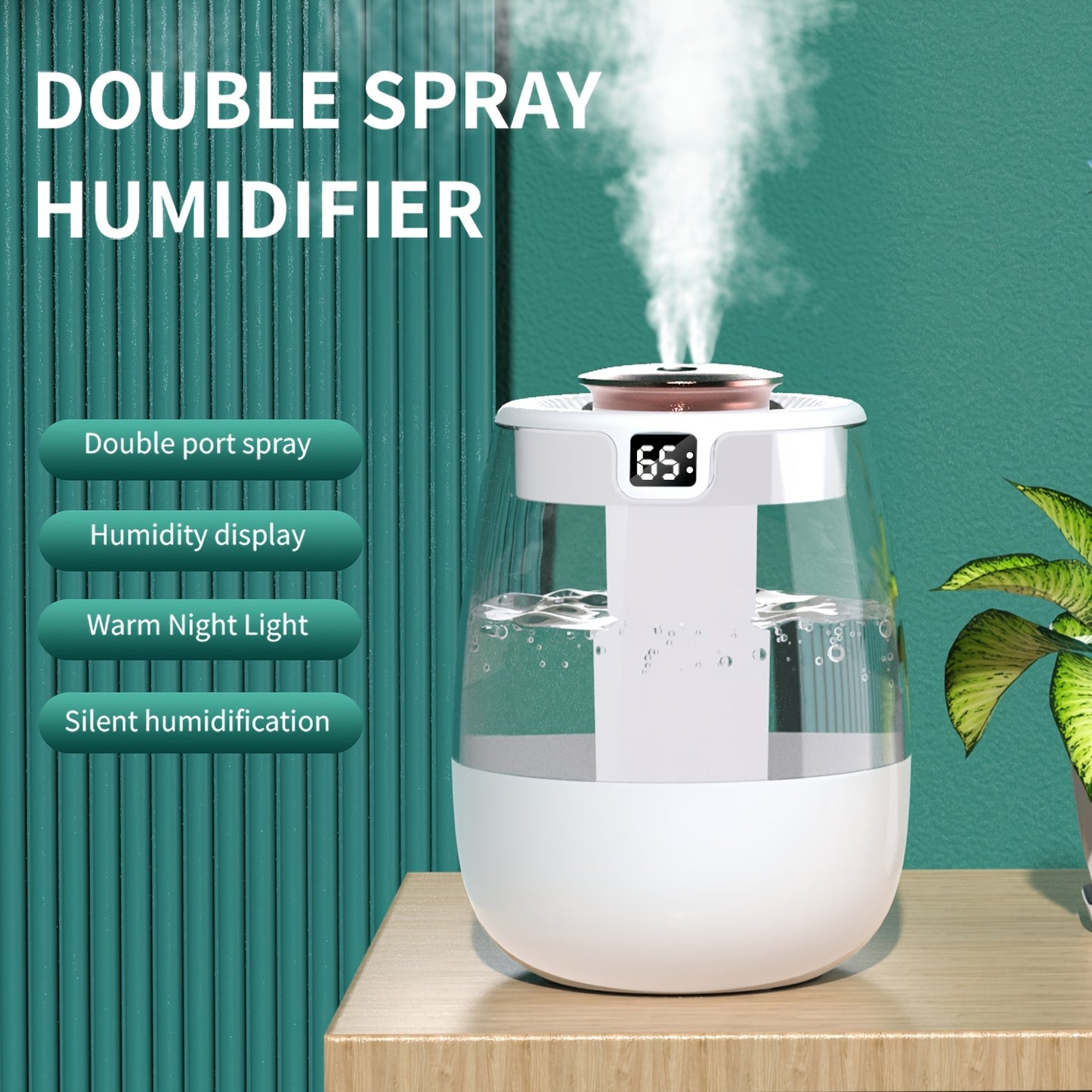 1pc Ultrasonic Humidifier with Warm Night Light and Large Capacity, perfect for bedroom or office use. Features double spray, water level display, and key control. Up to 2.5L tank with