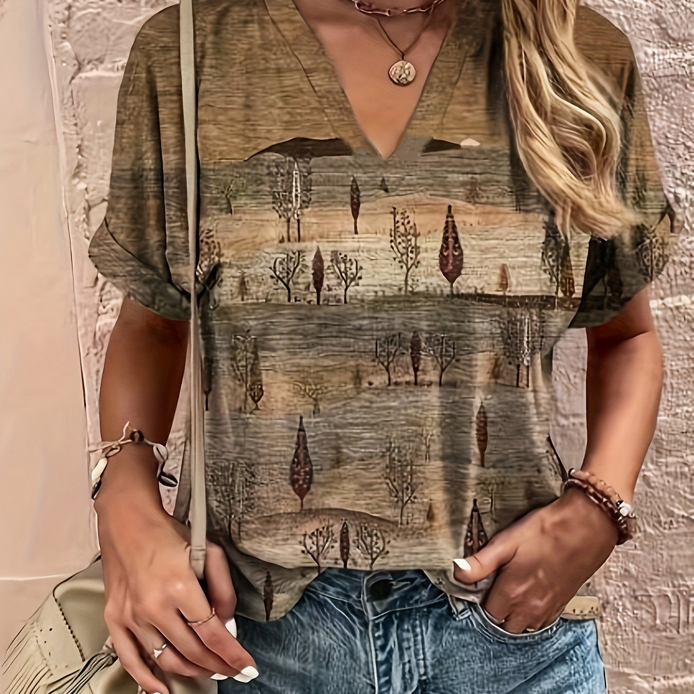 Women's Plus Size Boho Chic V-Neck T-Shirt - Summer Collection with Ethnic Print, Roll-Up Sleeves, Machine Washable, Polyester/Spandex Blend, Versatile Fashion with Asymmetrical Hemline and