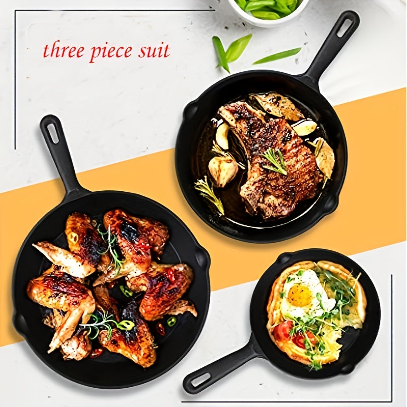 One set of three Cast Iron Skillets and Frying Pans featuring Drip-Spouts, Pre-seasoned for Oven Safety. Ideal for Camping, Indoor and Outdoor Cooking, Grill use, and Restaurant Chef Quality.