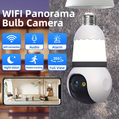 This security camera features an E27 connector and provides 1080P HD video quality with a 355° panoramic view. It also includes two-way audio, smart motion detection, and can be used indoors or outdoors. Compatible with smartphones, it operates on a