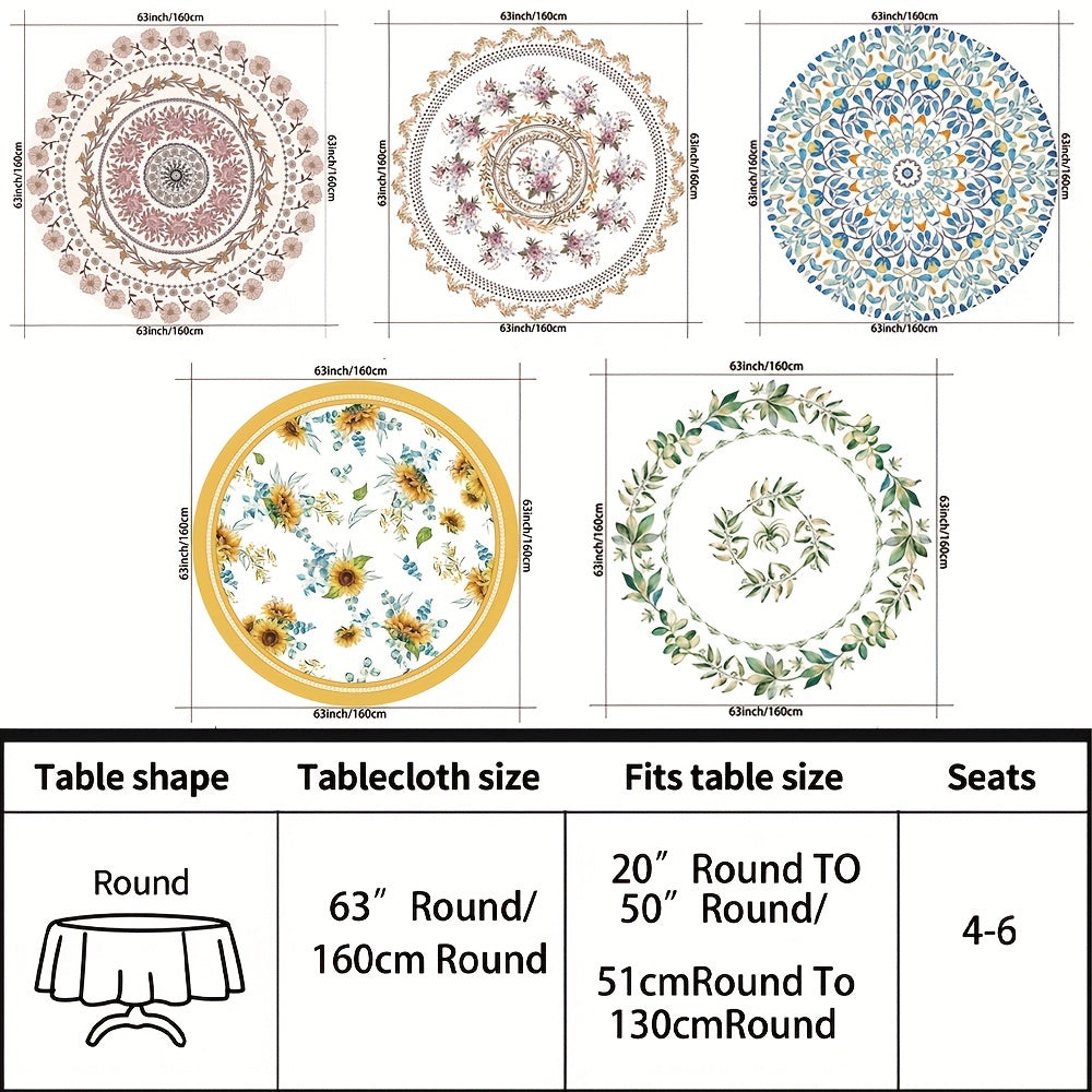 1pc Bright Large Flower Pattern Round Table Cloth for Dining and Decor