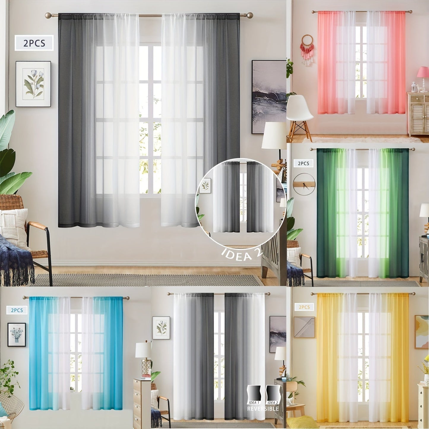 Two pieces of rod pocket curtains with a gradient style, made of transparent imitation linen material. These sheer curtains are perfect for adding a decorative touch to any bedroom, office, kitchen, living room, study, or home decor.