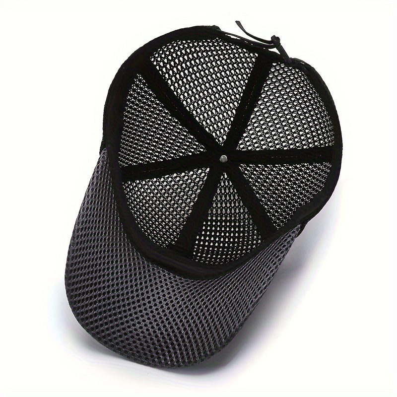 Breathable mesh baseball cap for outdoor sports, woven textile material, hand wash only.