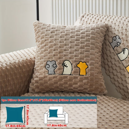 Modern honeycomb fleece sofa cover with embroidered design, pet-friendly protection for furniture, plush slipcover for various sofas. One-piece design with anti-slip backing for home and office decor.