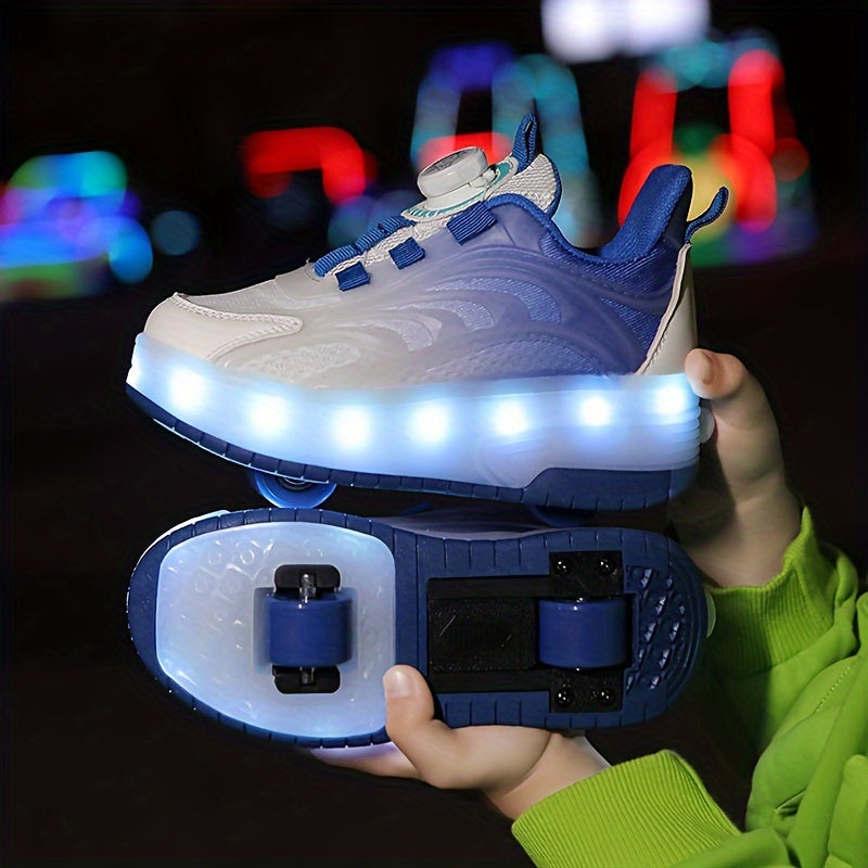 LED roller skates with TPR sole, fabric inner, EVA insole, rotary buckle closure, and lithium polymer battery. Suitable for ages 14+, can be used indoors or outdoors for sports training all