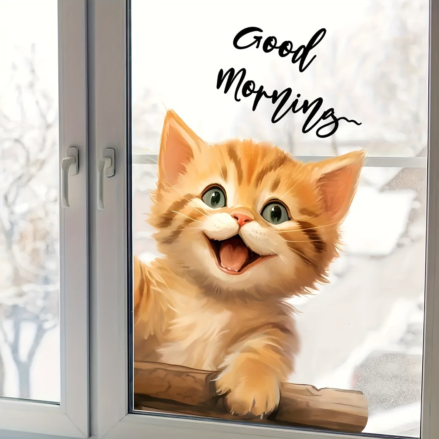 Eclectic Style Cat Window Sticker with Animal Print, Self-Adhesive Polyvinyl Chloride Material, Reusable Glossy Finish, Decorative PVC Film for Toilet, Glass, and Windows - "Good Morning" Kitty Decal, 1 Piece