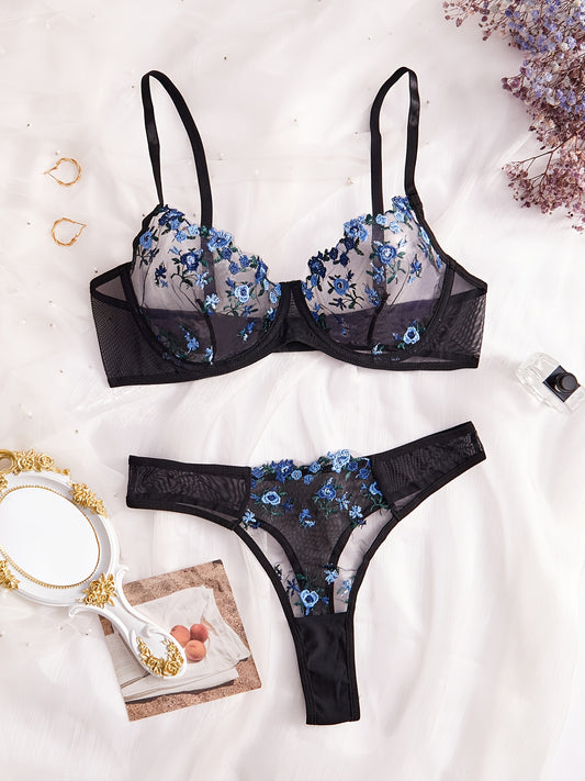 Semi-sheer lingerie set with floral embroidery, including bra and thong. Women's sexy underwear.