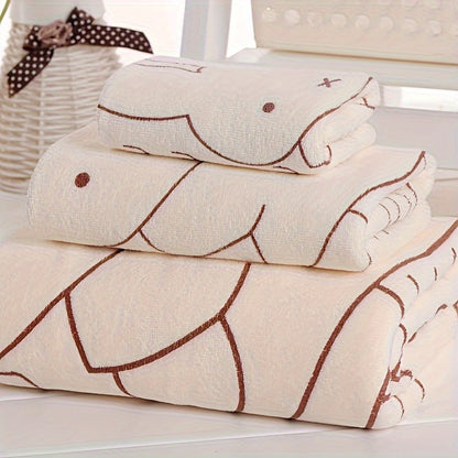 3-piece Cartoon Patterned Towel Set: Soft, absorbent, ultra-thin, and breathable. Featuring a contemporary style, 100 GSM knit fabric made of a polyester and nylon blend. Oblong shape