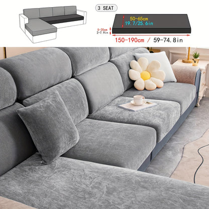 Stretchable plush velvet sofa cushion cover in contemporary gray with white accents; fits 1 to 4-seater sofas, machine washable, perfect for home decor.