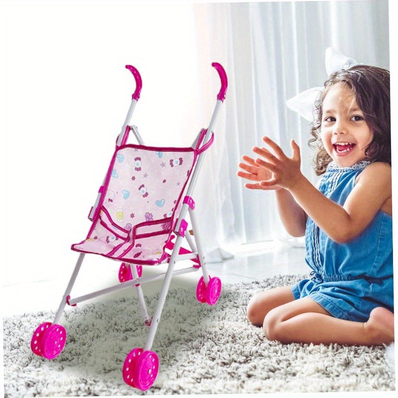 Durable Doll Stroller Designed for Kids, Featuring Cartoon Pattern, Made of Plastic with T-Belt, Push Handle & Removable Seat, Perfect for Imaginary Play, Style2 Doll Carriage, No Batteries Required, Suitable for Ages 3-6, Ideal Party Favor or Gift Toy.