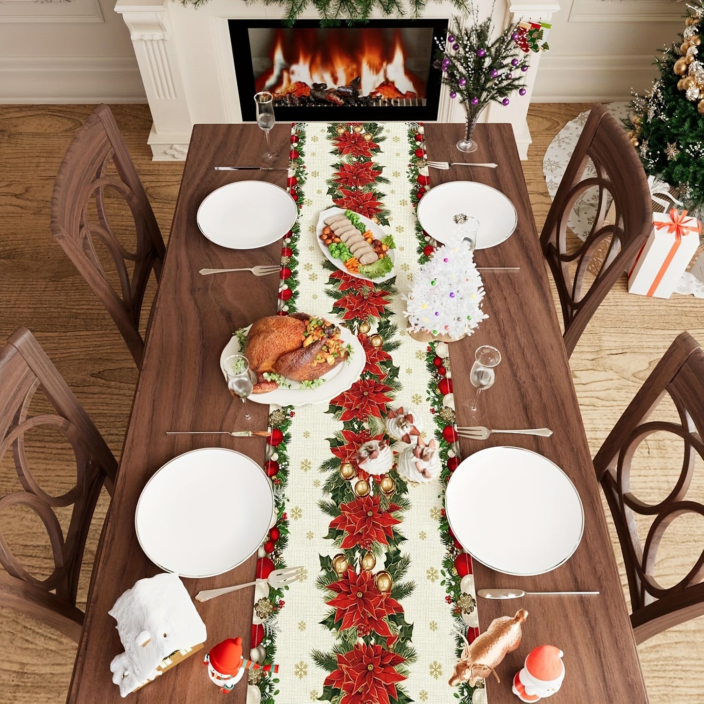 Snowflakes Christmas Linen Table Runner in various sizes for home decoration.