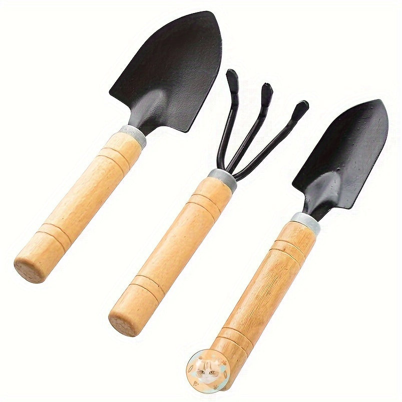 Succulent Plant Gardening Tool Set includes 3 durable metal and wooden hand tools: Mini shovel, shovel, and rake, ideal for potting and planting anywhere.