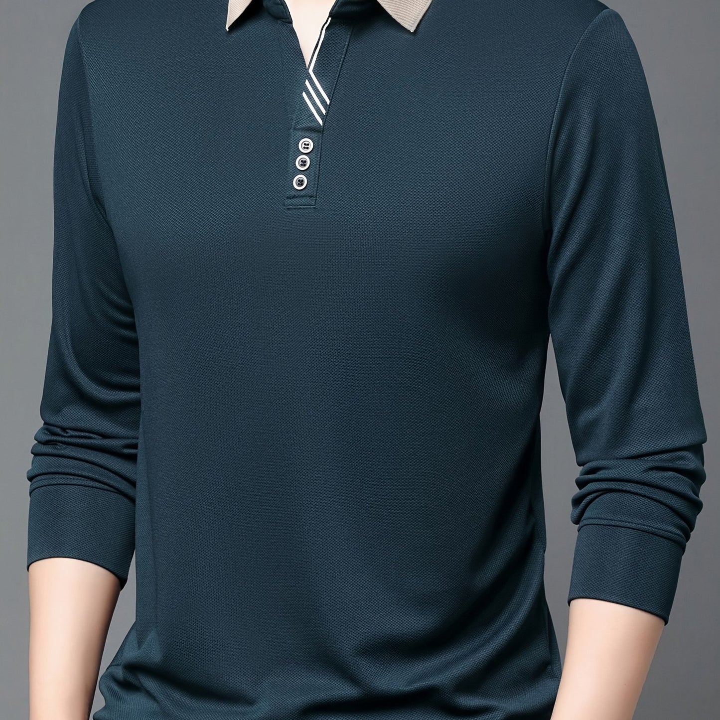 Men's casual business style long sleeve polo shirt made of 95% polyester and 5% spandex. Features a solid color, slight stretch fabric, regular fit with button detailing, and half placket.