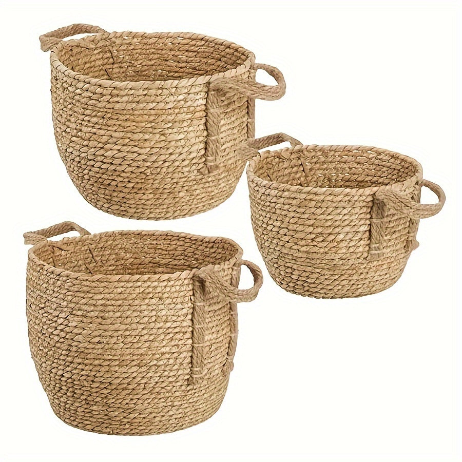 3 Handmade Woven Storage Baskets with Rustic Grass Finish - Perfect for Laundry or Home Organization