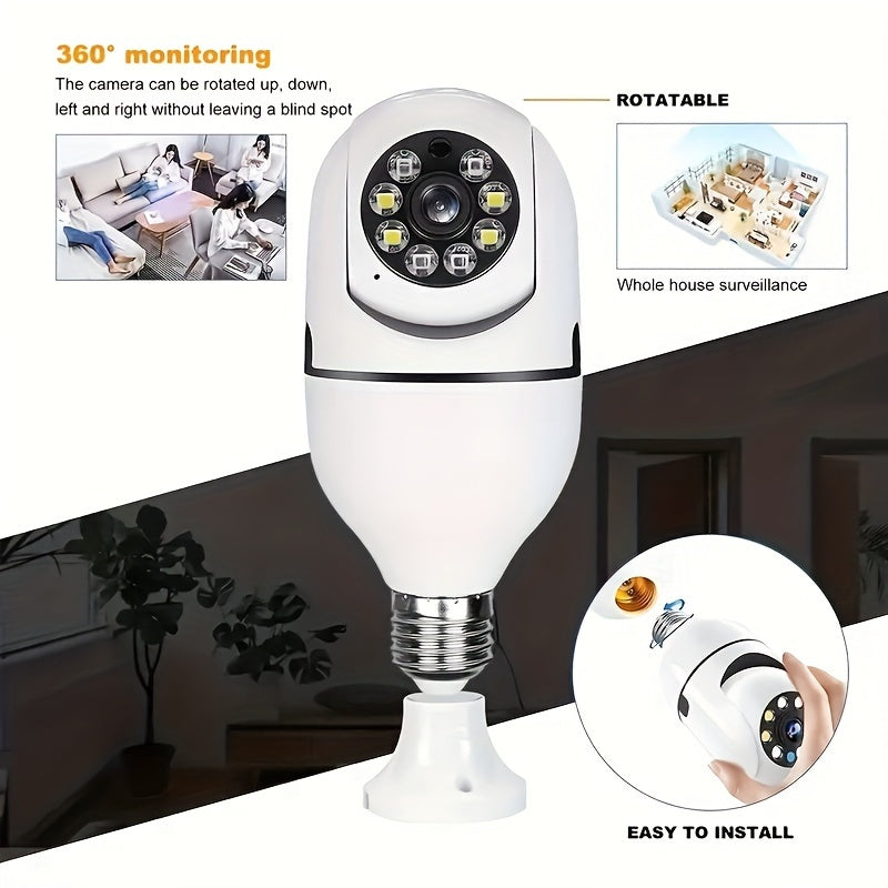 Light bulb security camera with E27 connector, featuring home WiFi capabilities. This 360-degree pan/tilt panoramic surveillance camera offers two-way audio functionality. Suitable for use both indoors and outdoors, this 2.4G IP camera does not come with