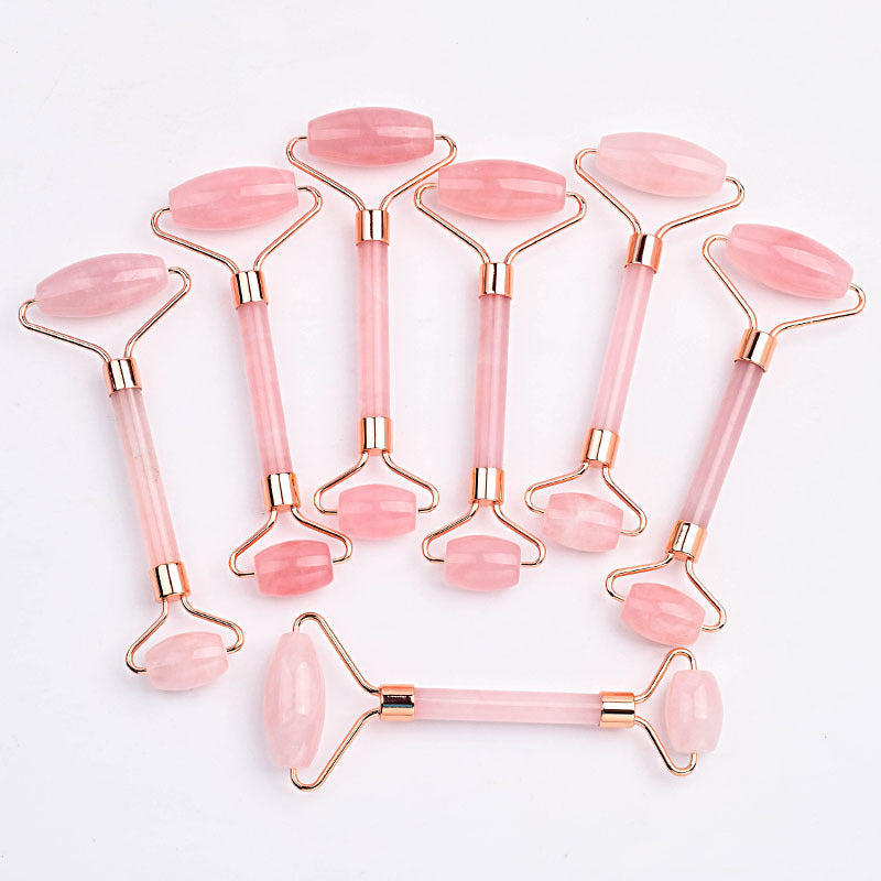 Set of 2 Rose Quartz Facial Rollers with Heart-Shaped Gua Sha Sticks for Manual Face & Eye Massage, No Battery Required