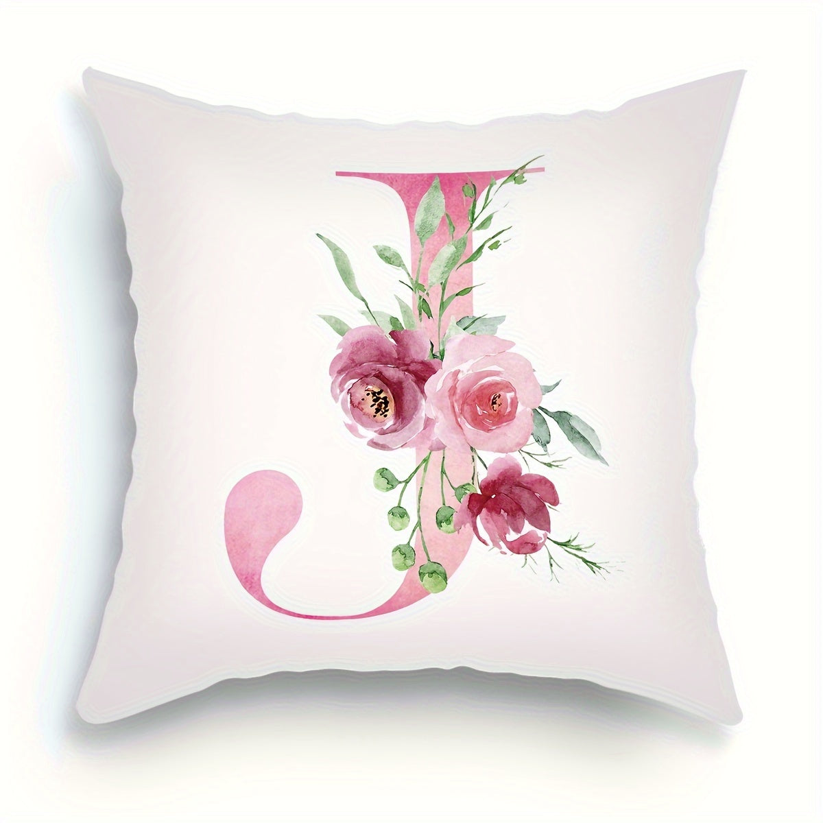 18x18 inch Alphabet Floral Pillow Cover featuring A to Z English Letters in pink print. Ideal for adding a contemporary touch to sofa, living room, or bedroom decor. Single-sided printing, insert not included.