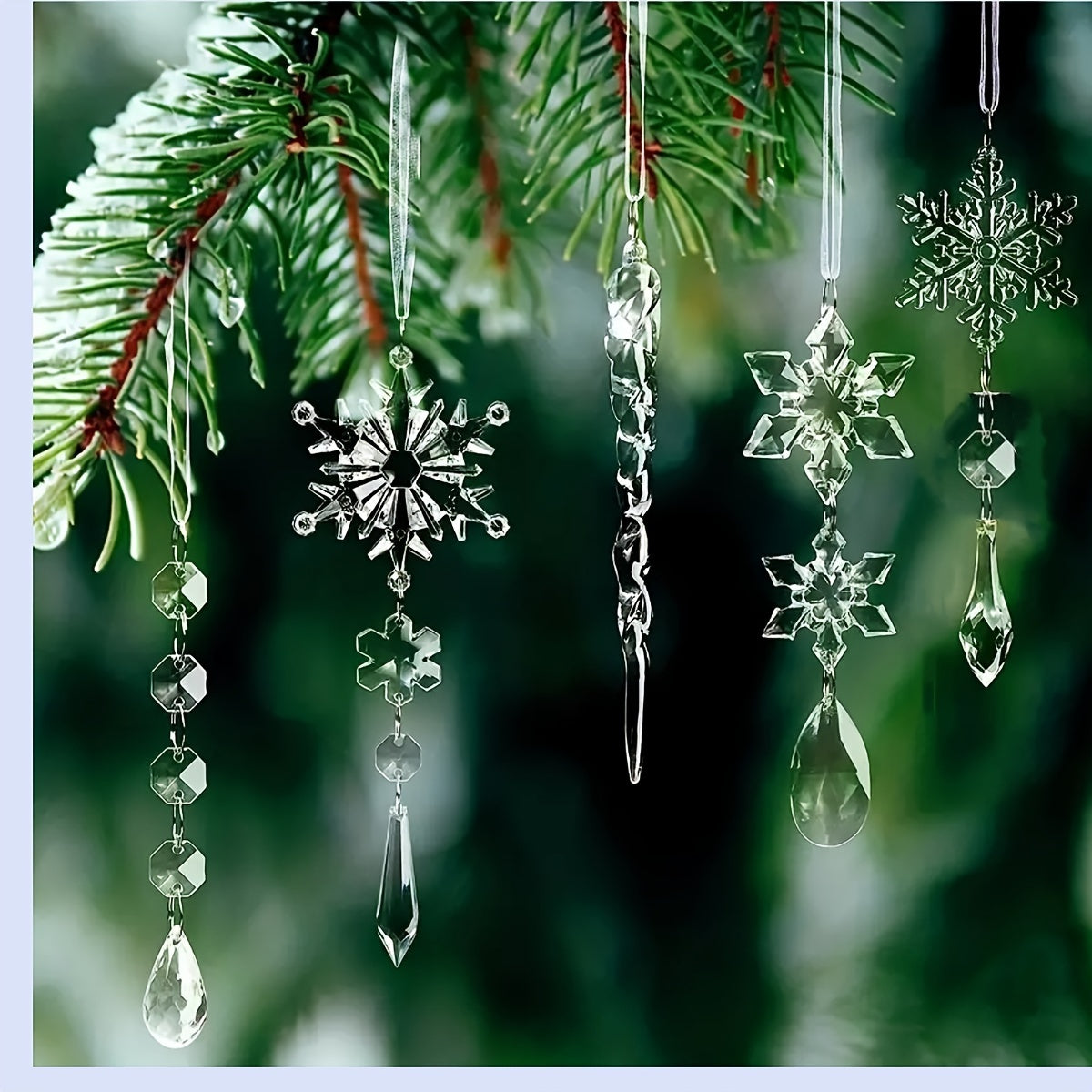 Set of 20 modern acrylic snowflake and icicle ornaments for Christmas tree decoration, perfect for holiday and winter festivities. Festive hanging charms without feathers.