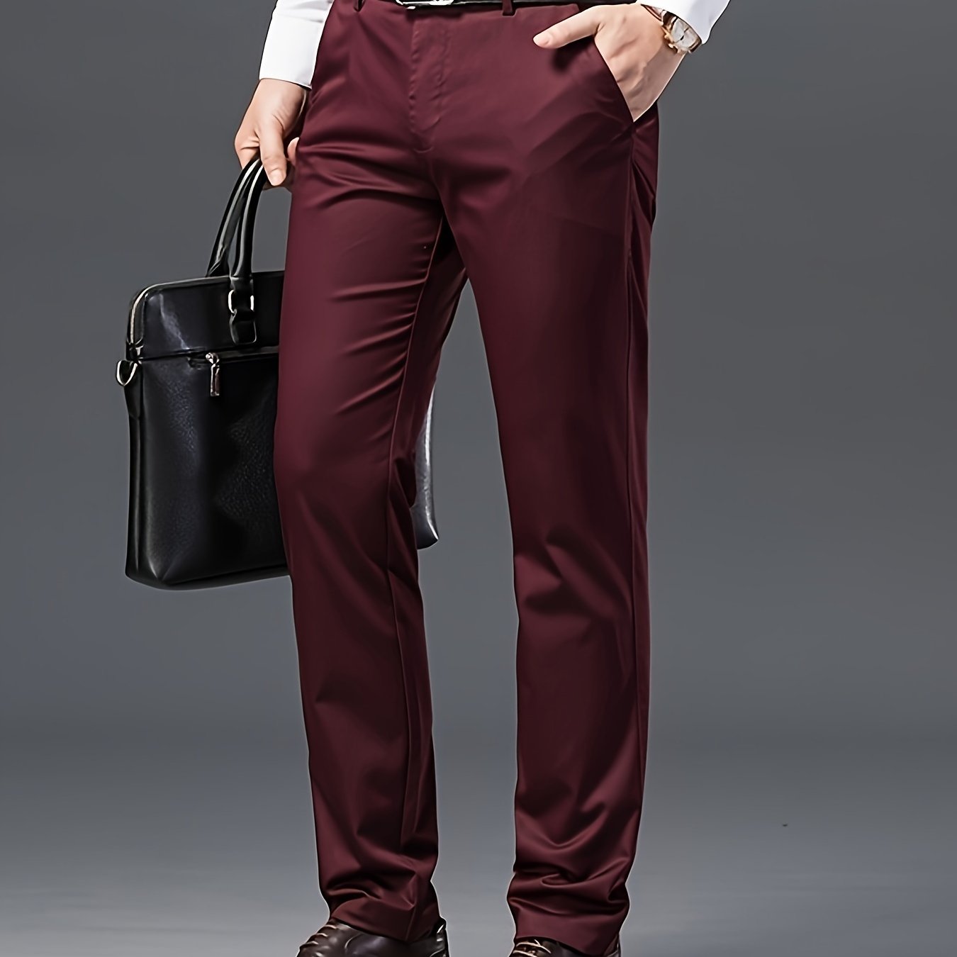 Men's solid dress pants, lightweight and comfortable with a regular fit and cuffed hems suitable for all seasons, ideal for business and casual wear.