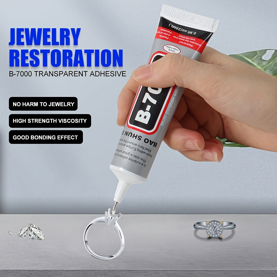 B-7000 is a versatile semi-fluid adhesive with strong bonding properties, suitable for jewelry making, gemstone setting, DIY repairs, and works well on materials like plastic, metal, glass