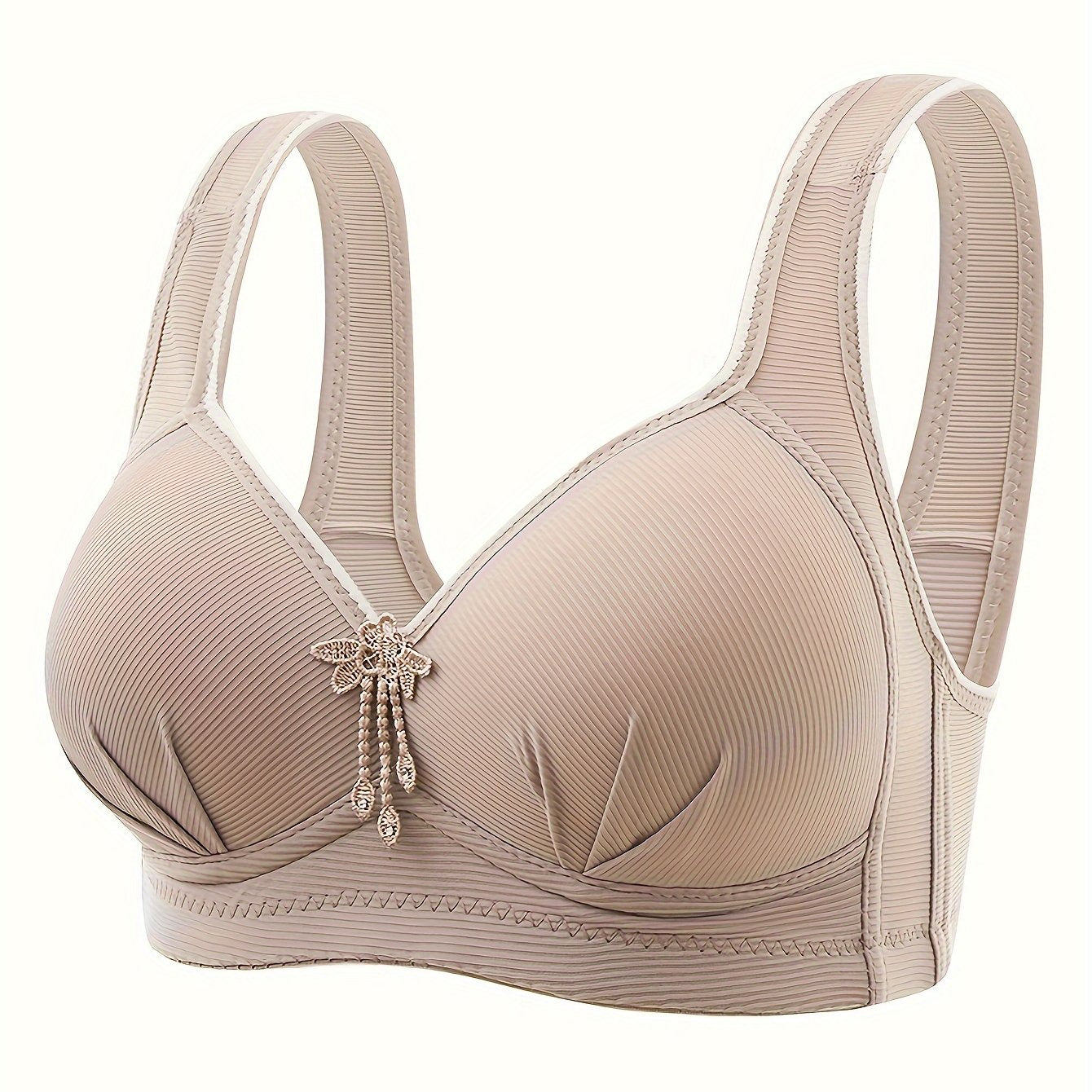 Elegant Push-Up Bra for Mature Women - Comfortable, Wireless, Full Coverage with Decorative Bow Detail, Supportive and Non-See-Through Nylon Blend