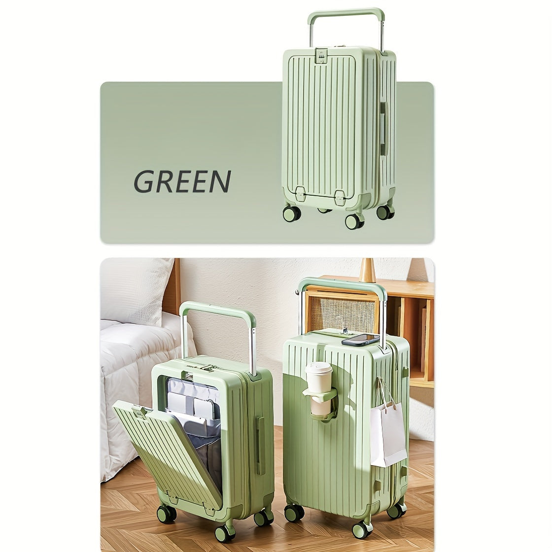 1pc Suitcase with front opening storage compartment, dry and wet separation compartment, unique wheel design, and travel password boarding feature.