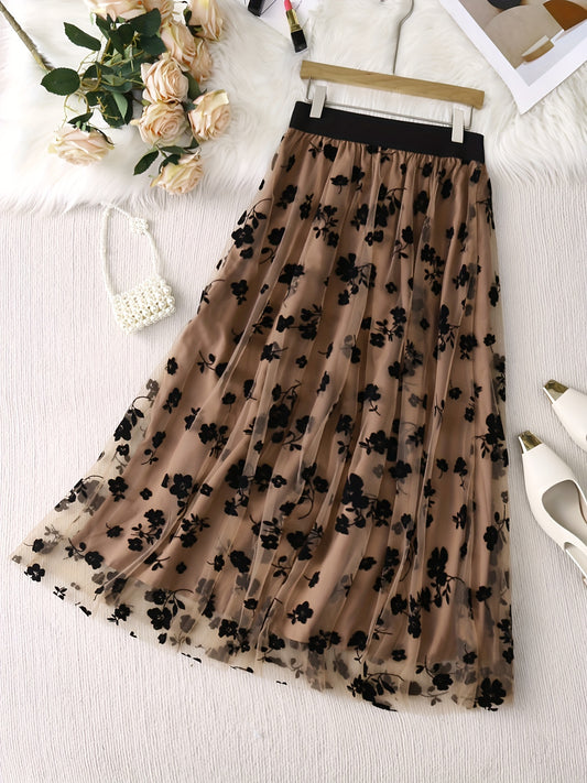 Women's fashion tulle skirt with embroidered floral print, regular length, A-line hem, and casual style.