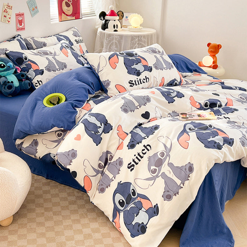 4-piece Stitch bedding set including duvet cover, flat sheet, and 2 pillowcases with cute character designs for bedroom decor.