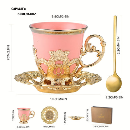 Golden 2.8oz Ceramic Tea Set with Gift Box, including Sakura Train Set, Turkish Arabic Coffee Cups, Espresso Cups with Saucer Plates and Spoons.