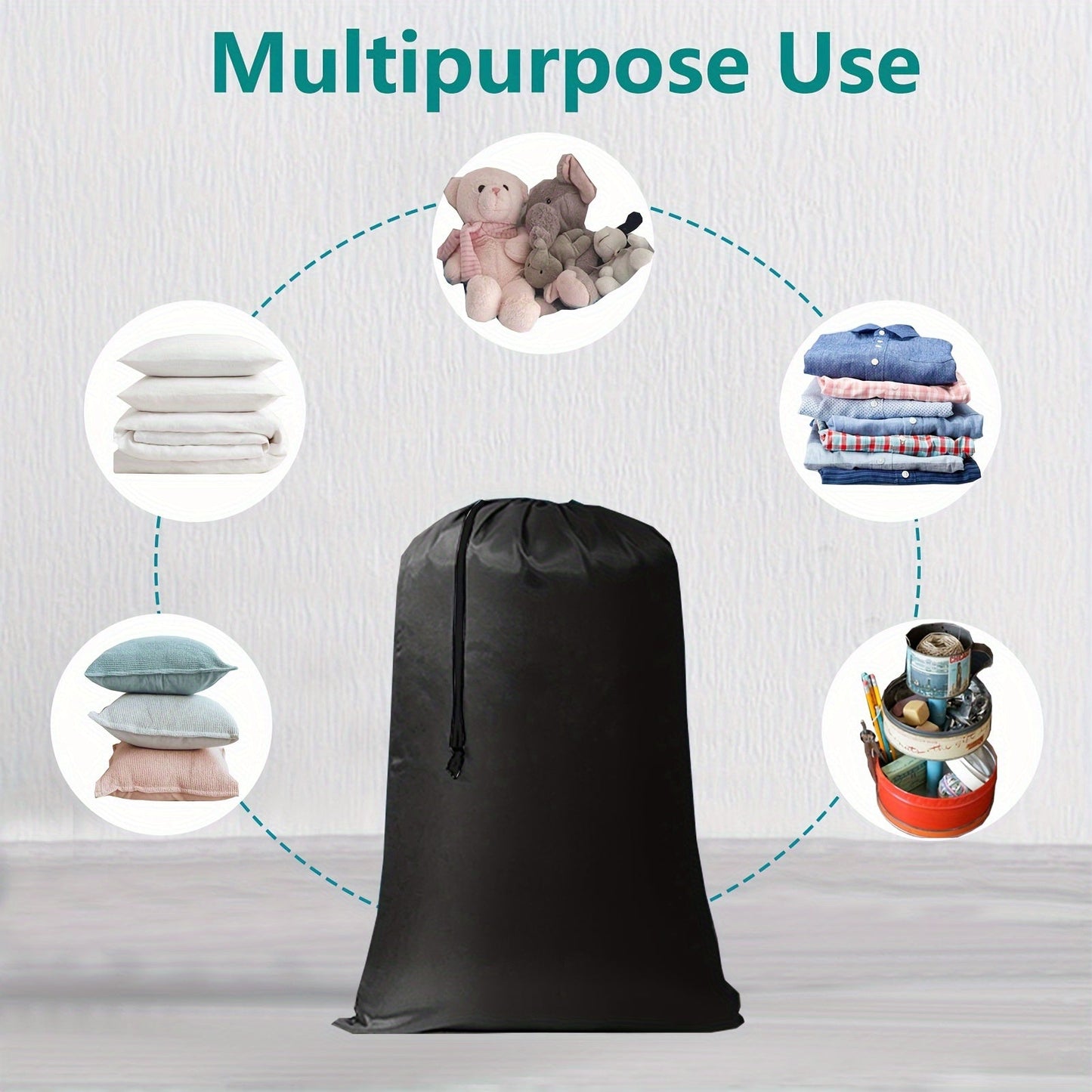 One or two pieces of Nylon Laundry Bags featuring a drawstring closure. These machine washable bags are perfect for storing dirty clothes during travel or for delicate items. They are heavy-duty and easy to fit into baskets or hampers. Each bag measures