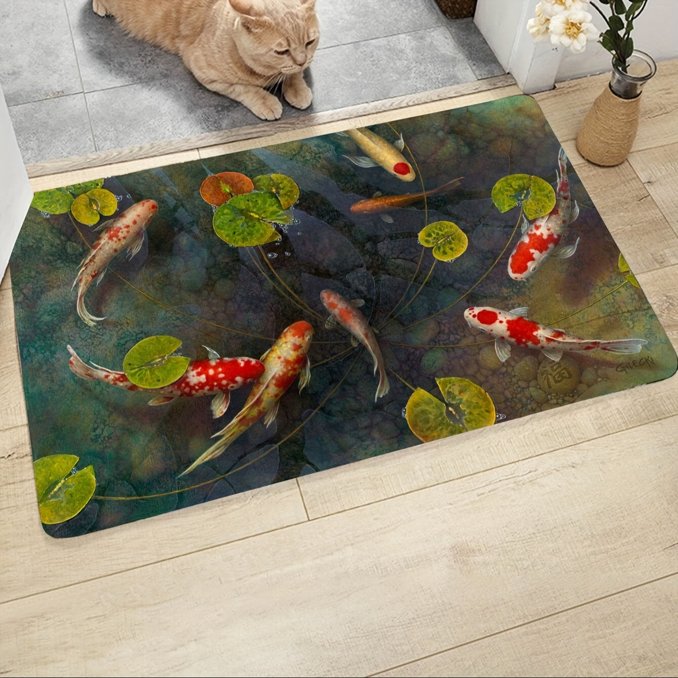 Hand-painted style rug featuring a Koi fish pattern, perfect for welcoming guests in your entrance or as a decorative piece in your living room, bedroom, dining room, kitchen, reading room, or laundry room.