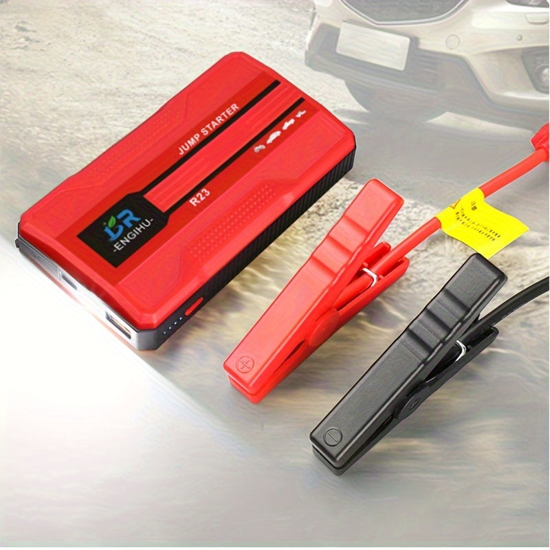 Portable smart start clip car battery booster and power bank starting device for universal 12V car battery jump starting.