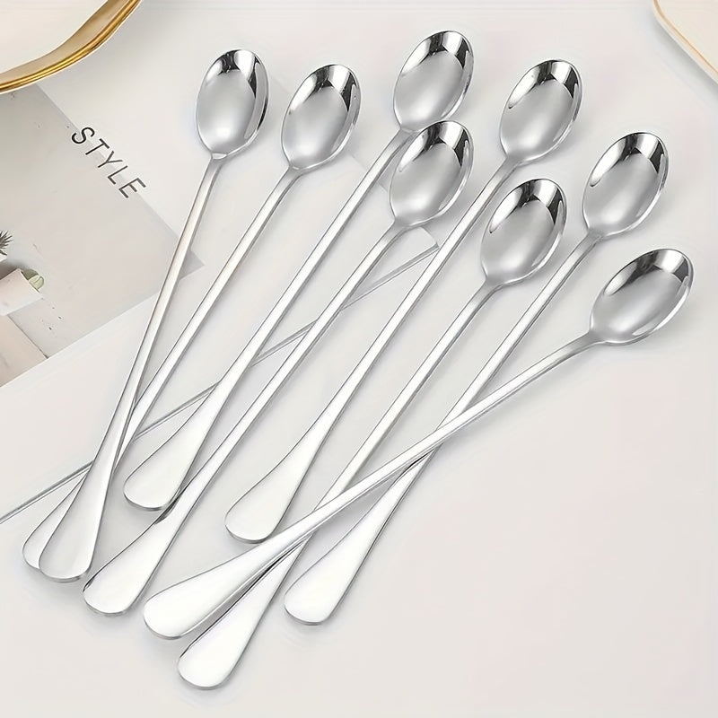 Stainless Steel Long Handle Spoon Set - Includes 8 pieces for tea, coffee, and ice cream. Dishwasher safe. Great kitchen accessory.