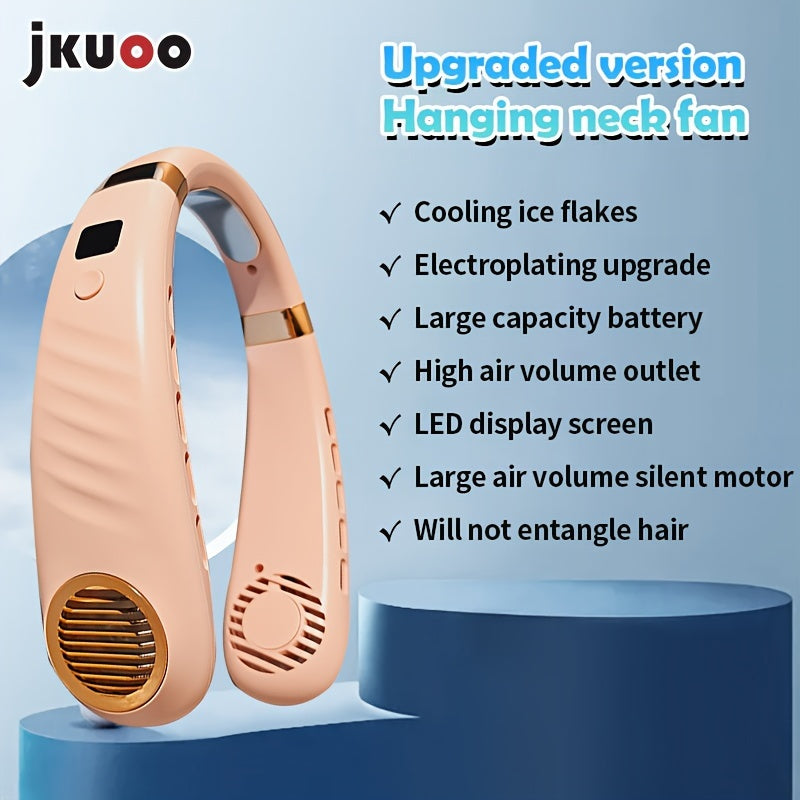 Introducing the JKUOO Portable Neck Fan with Ice Cooling Technology! This fan features a quiet turbo motor and bladeless design, making it perfect for indoor and outdoor use. The USB rechargeable fan comes with a built-in lithium battery and convenient