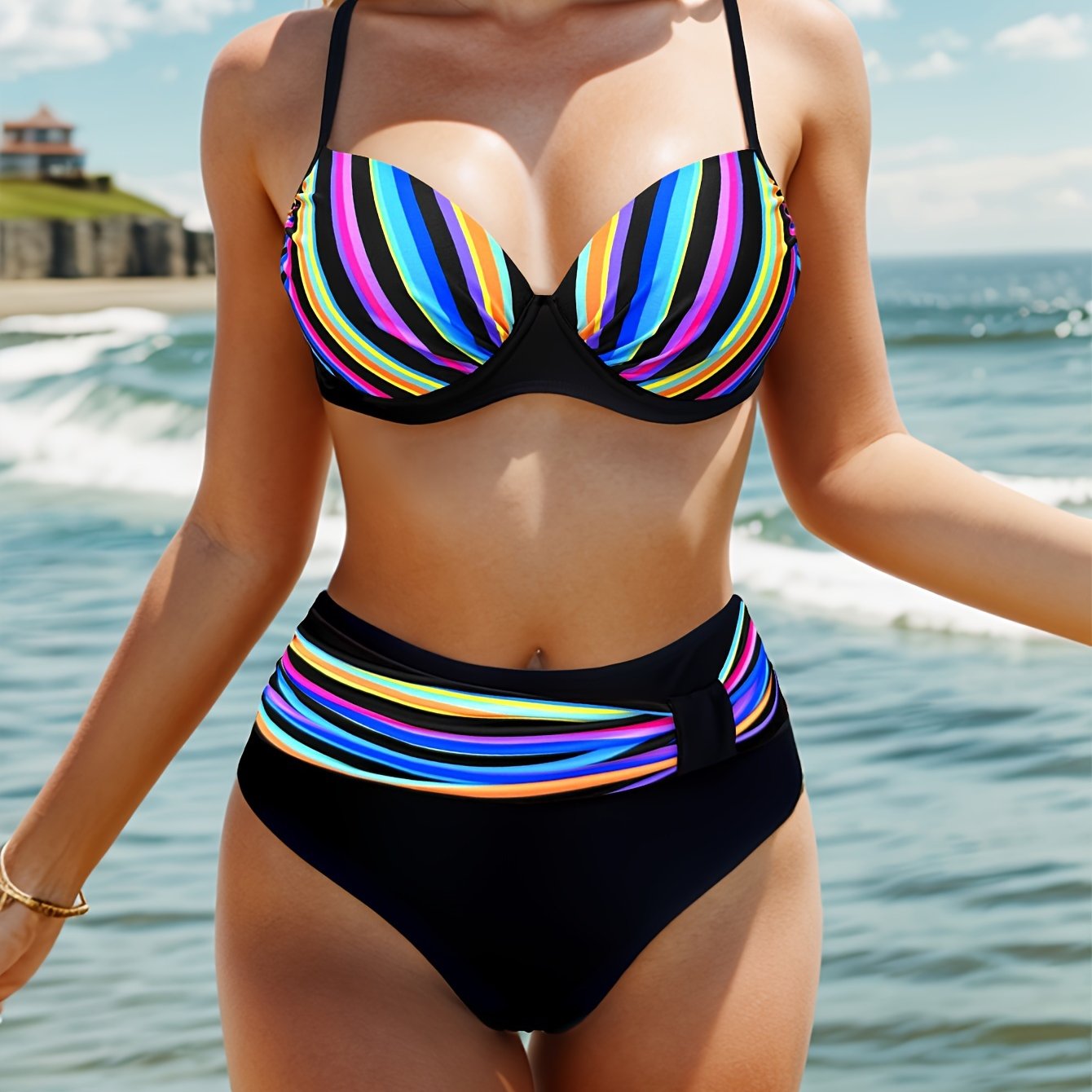 Striped print 2-piece bikini with V-neck and high-cut design.